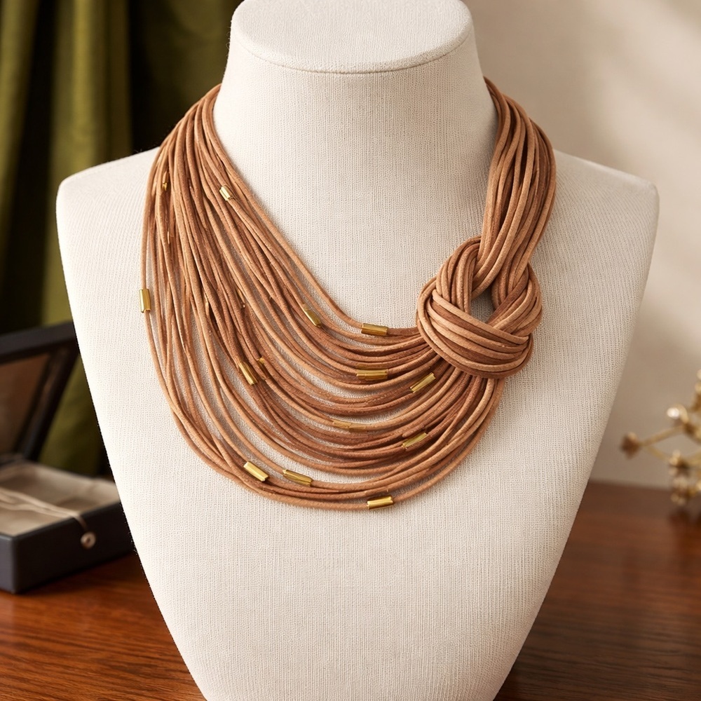 Multi-Strand Tan Knot Statement Necklace with Gold Accents - Picture 1 of 4